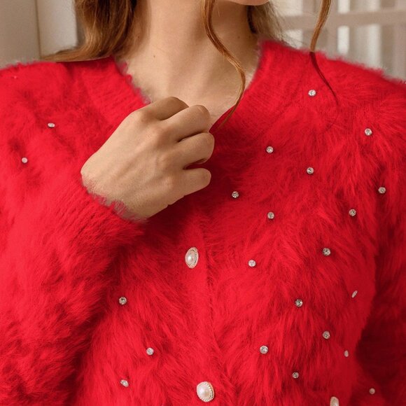 Red Casual Women's V-Neck Studded Fuzzy soft Cardigan Sweater - Picture 5 of 7